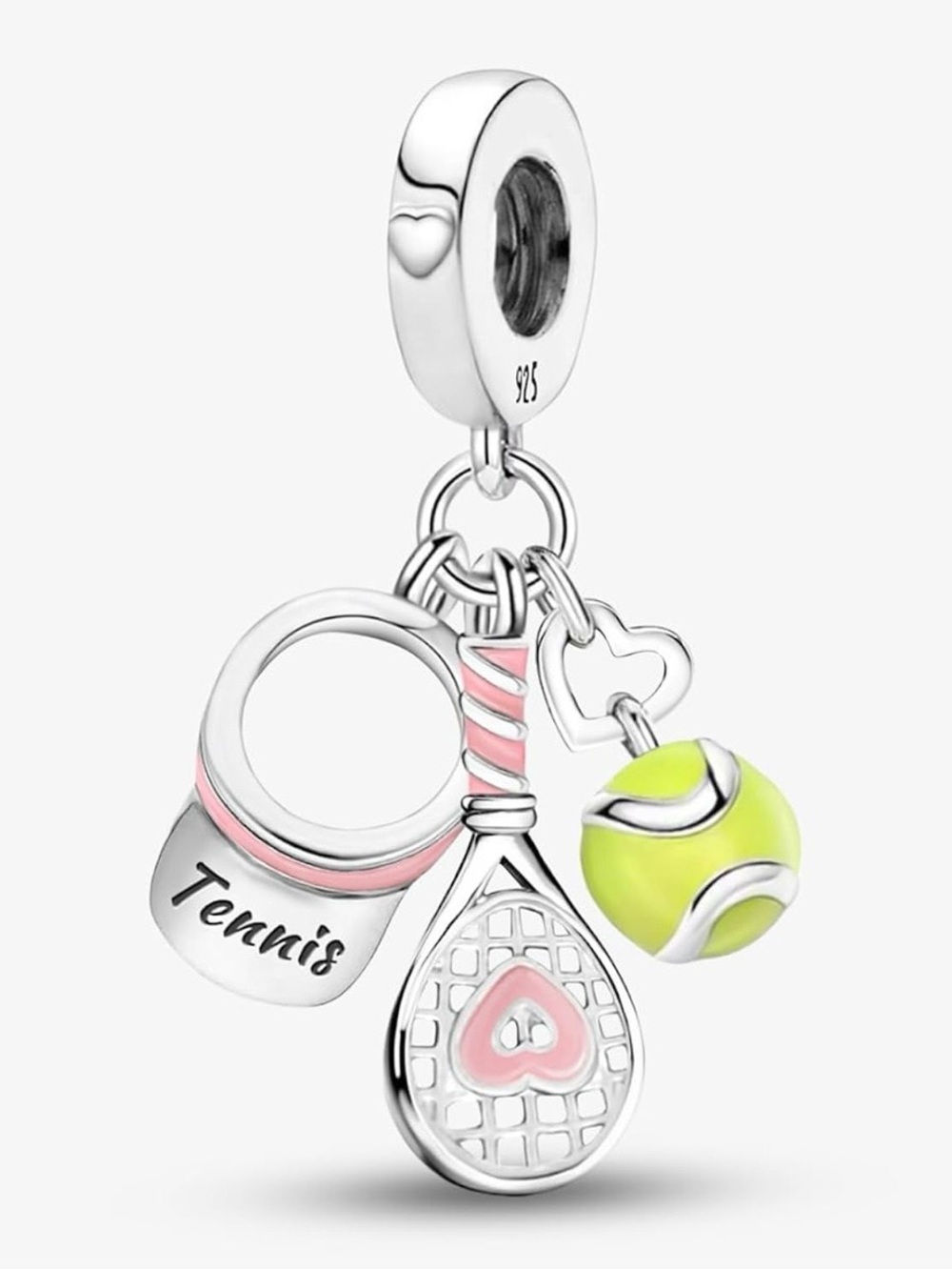 🎾 Sterling Silver 925 Tennis Dangle Charm Pink Racket Ball Cap